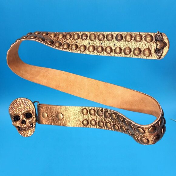 Bridget Shuster 2004 Skull Belt Gold Studded Leather Rhinestone w/ Skull Buckle - Picture 6 of 10